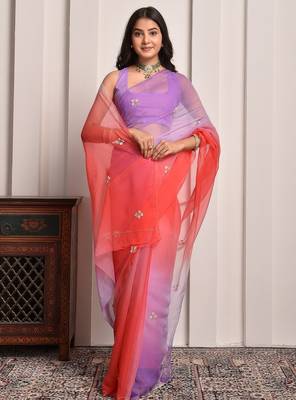 Purple & red shaded hand embellished chiffon saree 3