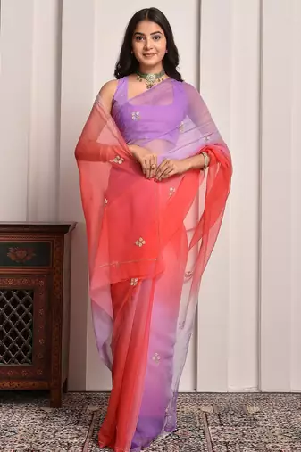 Purple & red shaded hand embellished chiffon saree