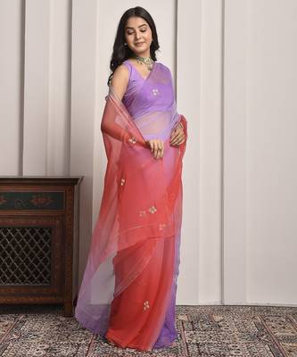 Purple & red shaded hand embellished chiffon saree 4