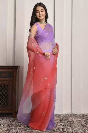 Purple & red shaded hand embellished chiffon saree