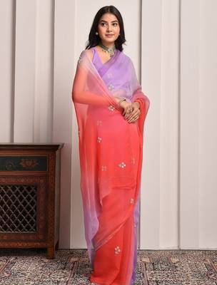 Purple & red shaded hand embellished chiffon saree 5