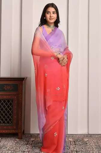 Purple & red shaded hand embellished chiffon saree