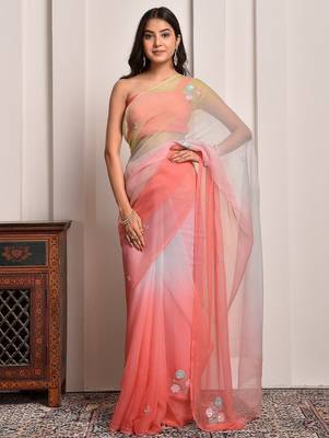 Peach & green shaded sequins work chiffon saree 1