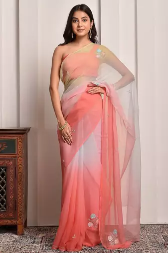 Peach & green shaded sequins work chiffon saree