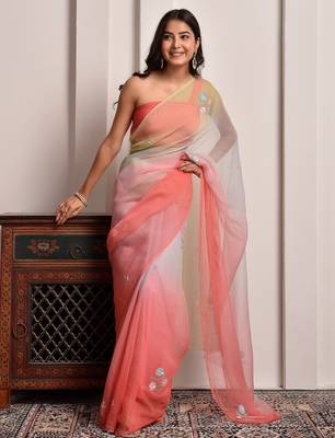 Peach & green shaded sequins work chiffon saree 2