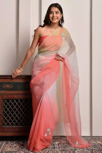Peach & green shaded sequins work chiffon saree