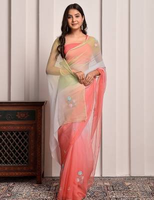 Peach & green shaded sequins work chiffon saree 3