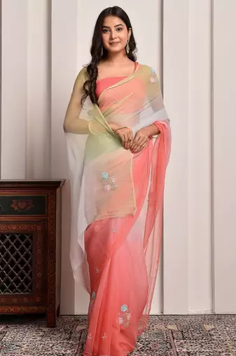 Peach & green shaded sequins work chiffon saree