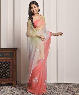 Peach & green shaded sequins work chiffon saree 5