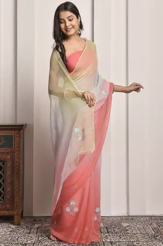 Peach & green shaded sequins work chiffon saree