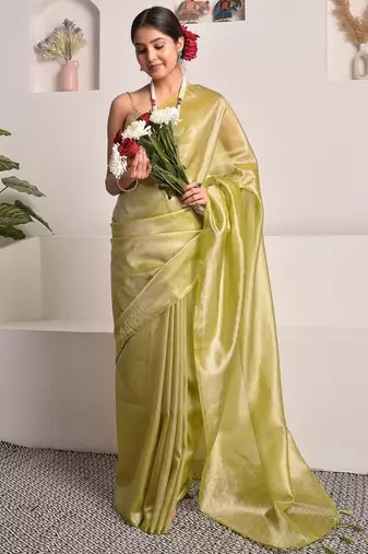 Chartreuse green tissue saree with unstitched blouse piece