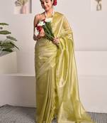 Chartreuse green tissue saree with unstitched blouse piece