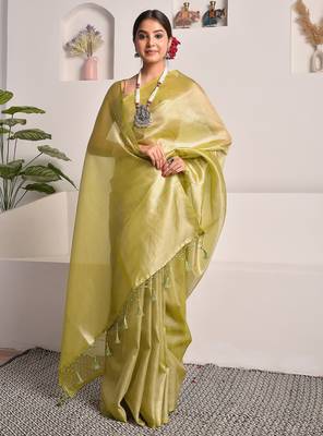 Chartreuse green tissue saree with unstitched blouse piece 2