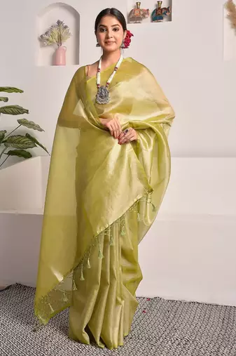 Chartreuse green tissue saree with unstitched blouse piece