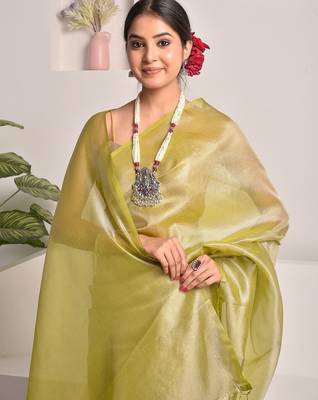 Chartreuse green tissue saree with unstitched blouse piece 3