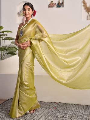 Chartreuse green tissue saree with unstitched blouse piece 4