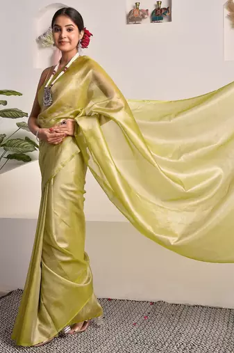 Chartreuse green tissue saree with unstitched blouse piece