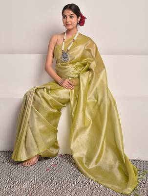 Chartreuse green tissue saree with unstitched blouse piece 5