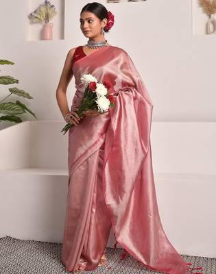 Rose pink tissue saree with unstitched blouse piece 1