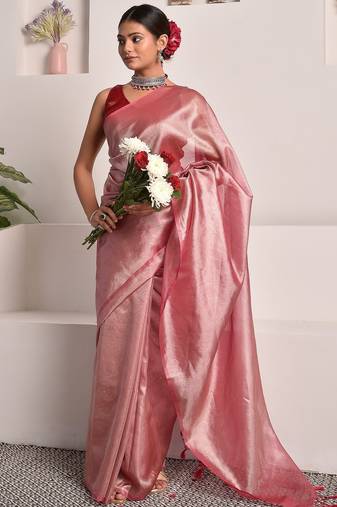 Rose pink tissue saree with unstitched blouse piece