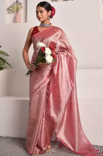 Rose pink tissue saree with unstitched blouse piece