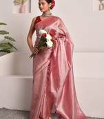 Rose pink tissue saree with unstitched blouse piece