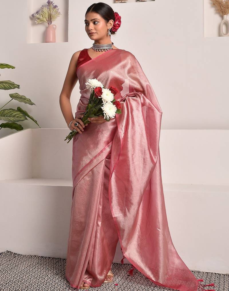 Rose pink tissue saree with unstitched blouse piece