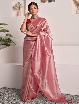 Rose pink tissue saree with unstitched blouse piece 2