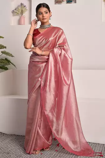 Rose pink tissue saree with unstitched blouse piece