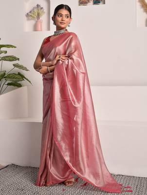 Rose pink tissue saree with unstitched blouse piece 3