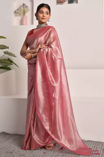Rose pink tissue saree with unstitched blouse piece