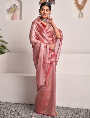 Rose pink tissue saree with unstitched blouse piece 4