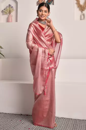 Rose pink tissue saree with unstitched blouse piece