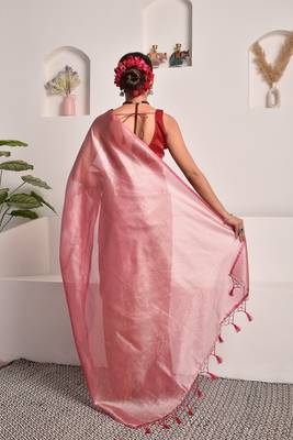 Rose pink tissue saree with unstitched blouse piece 5