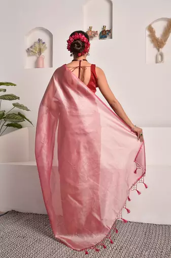 Rose pink tissue saree with unstitched blouse piece