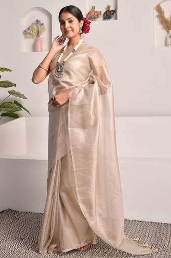Pearl white tissue saree with unstitched blouse piece
