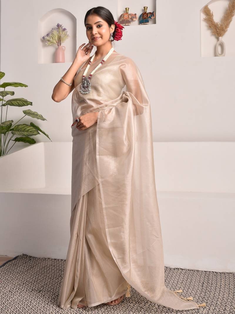 Pearl white tissue saree with unstitched blouse piece