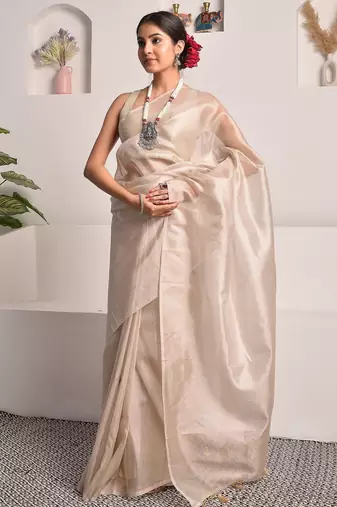 Pearl white tissue saree with unstitched blouse piece