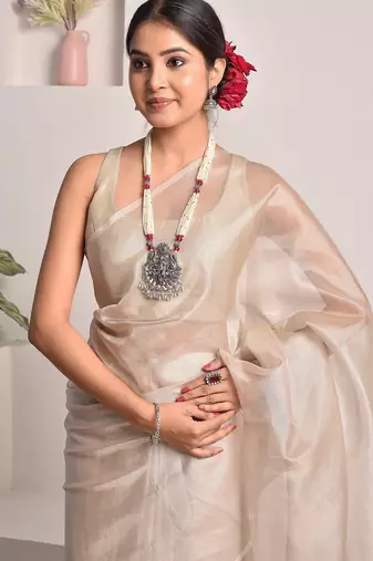 Pearl white tissue saree with unstitched blouse piece