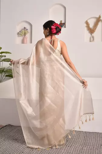 Pearl white tissue saree with unstitched blouse piece