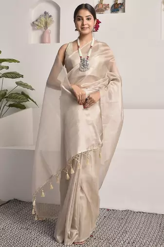 Pearl white tissue saree with unstitched blouse piece