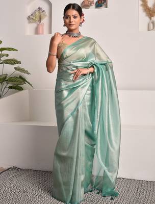Tiffany blue tissue saree with unstitched blouse piece 1