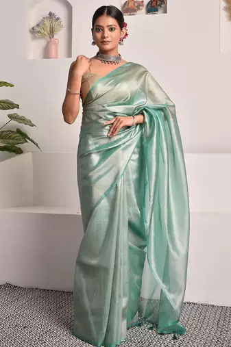 Tiffany blue tissue saree with unstitched blouse piece