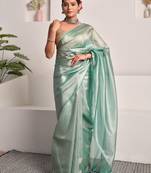 Tiffany blue tissue saree with unstitched blouse piece