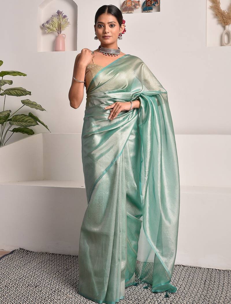 Tiffany blue tissue saree with unstitched blouse piece