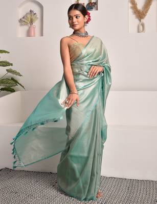 Tiffany blue tissue saree with unstitched blouse piece 2