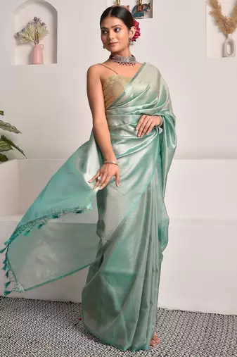 Tiffany blue tissue saree with unstitched blouse piece