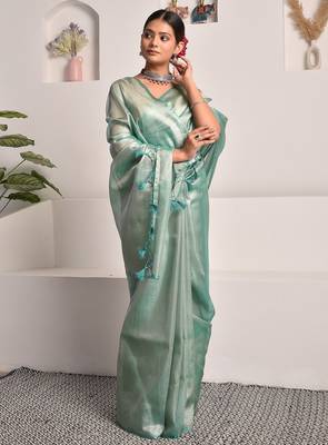 Tiffany blue tissue saree with unstitched blouse piece 3