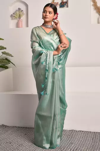 Tiffany blue tissue saree with unstitched blouse piece