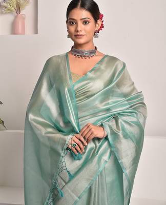 Tiffany blue tissue saree with unstitched blouse piece 4